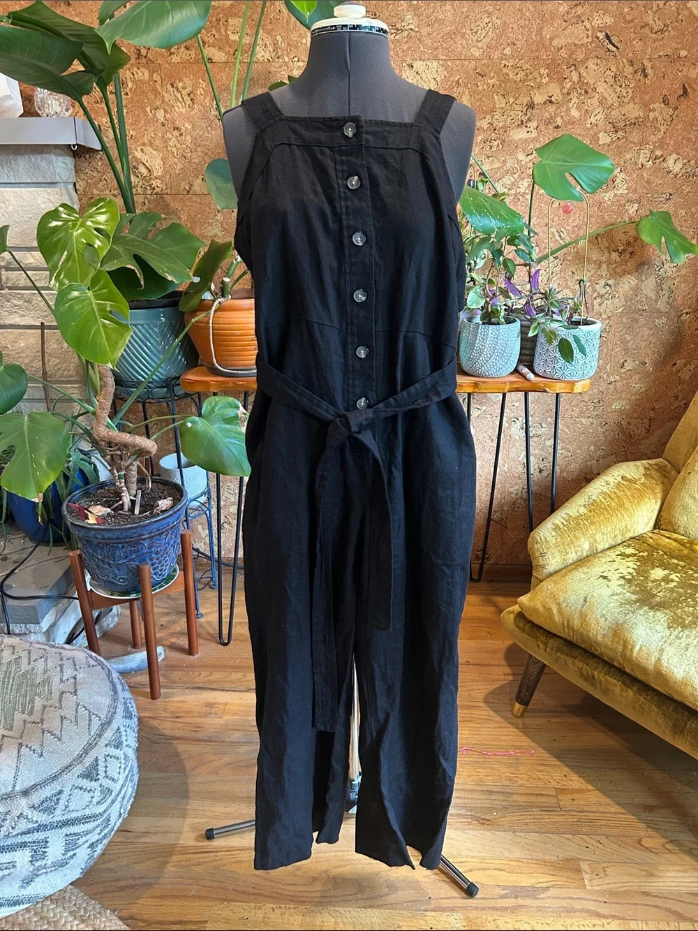 Everlane Black Linen Button-Front Jumpsuit with Tie Waist